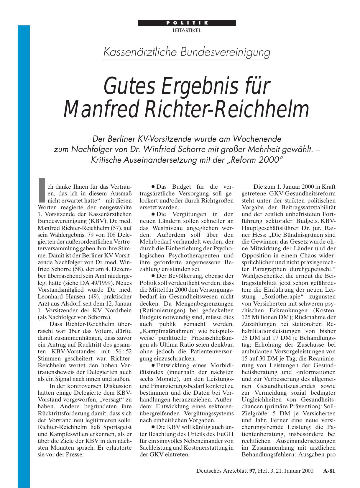 Vorschauseite 1: Kassenärztliche Bundesvereinigung: Gutes Ergebnis für Manfred Richter-Reichhelm