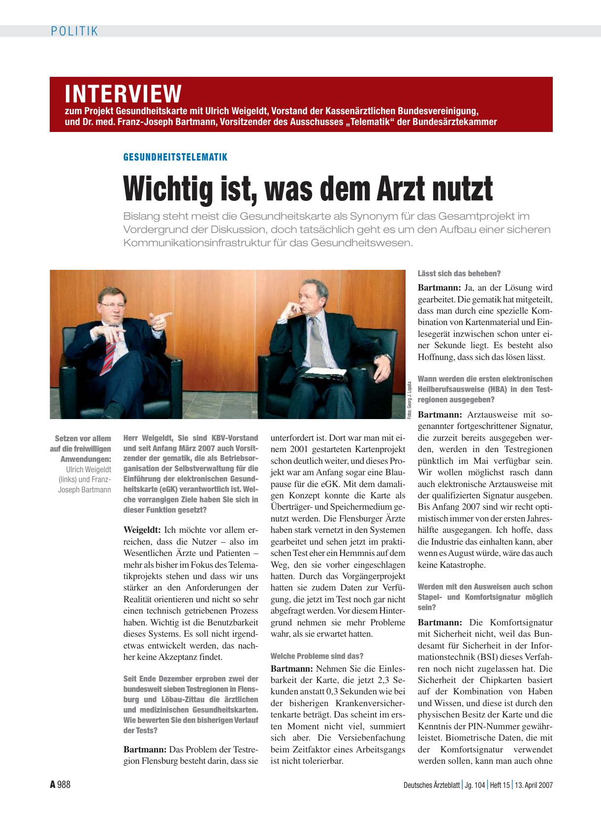 Vorschauseite 1: Interview zum Projekt Gesundheitskarte mit Ulrich Weigeldt, Vorstand der Kassenärztlichen Bundesvereinigung, und Dr. med. Franz-Joseph Bartmann, Vorsitzender des Ausschusses „Tele…