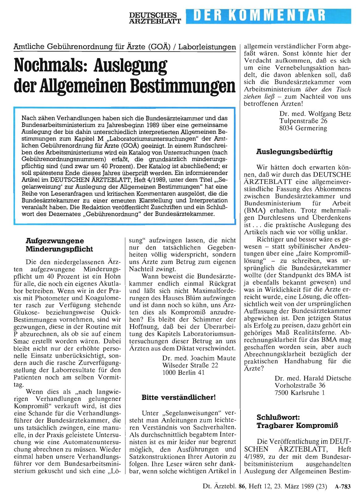 Vorschauseite 1: Amtliche Gebührenordnung für Ärzte (GOÄ) / Laborleistungen – Nochmals: Auslegung der Allgemeinen Bestimmungen