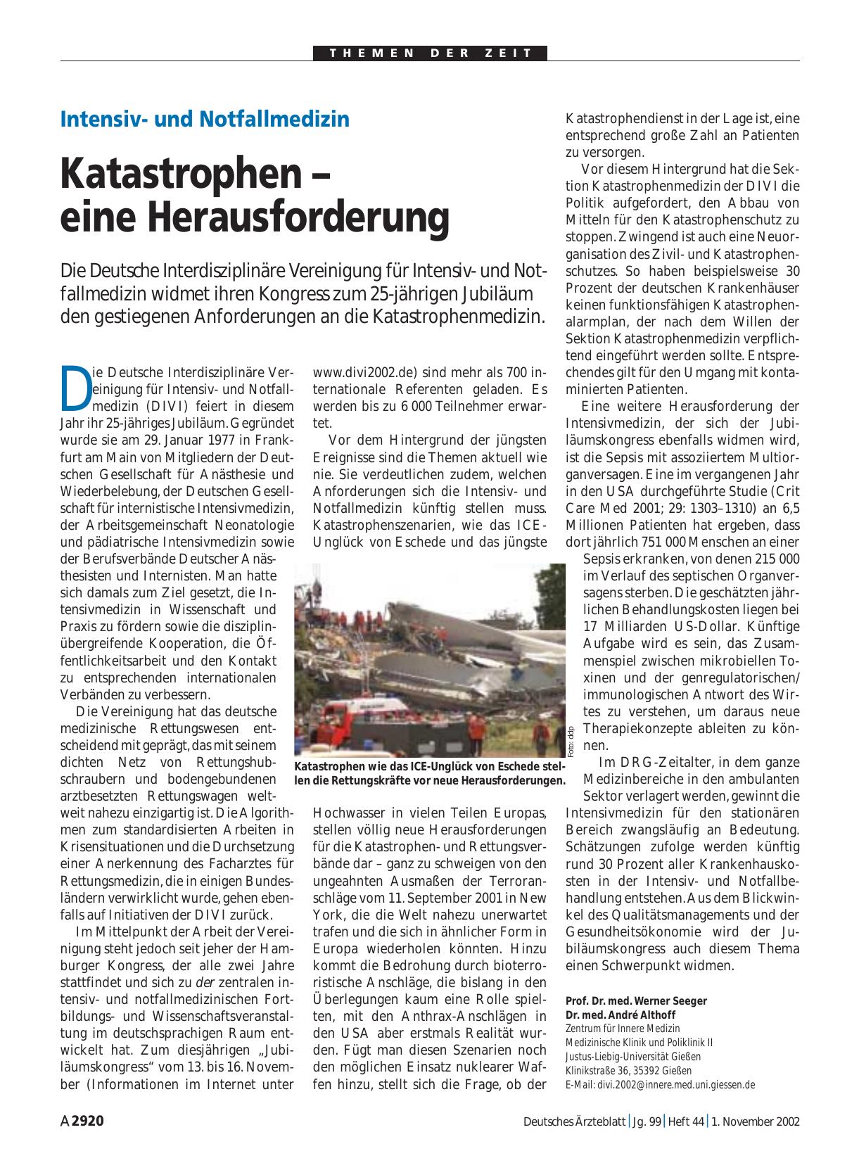 Vorschauseite 1: Intensivund Notfallmedizin: Katastrophen – eine Herausforderung