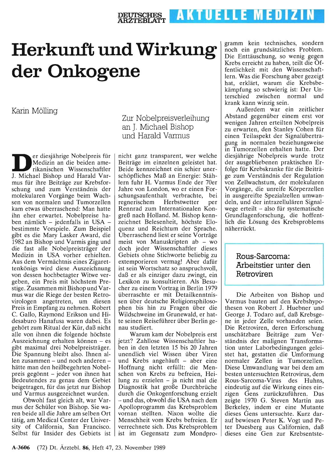 Vorschauseite 1: Herkunft und Wirkung der Onkogene: Zur Nobelpreisverleihung an J. Michael Bishop und Harald Varmus
