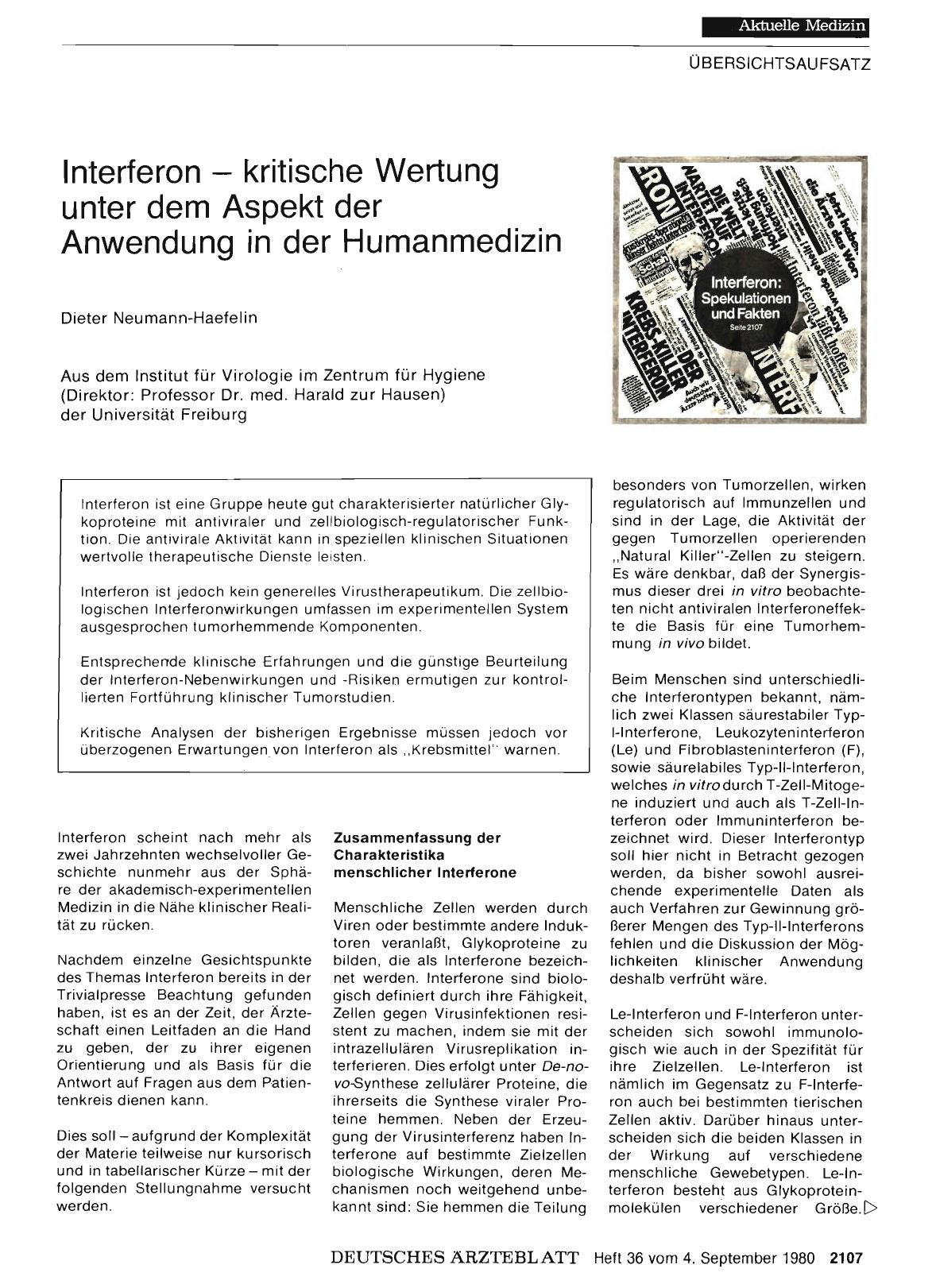 Vorschauseite 1: Interferon — kritische Wertung unter dem Aspekt der Anwendung in der Human
