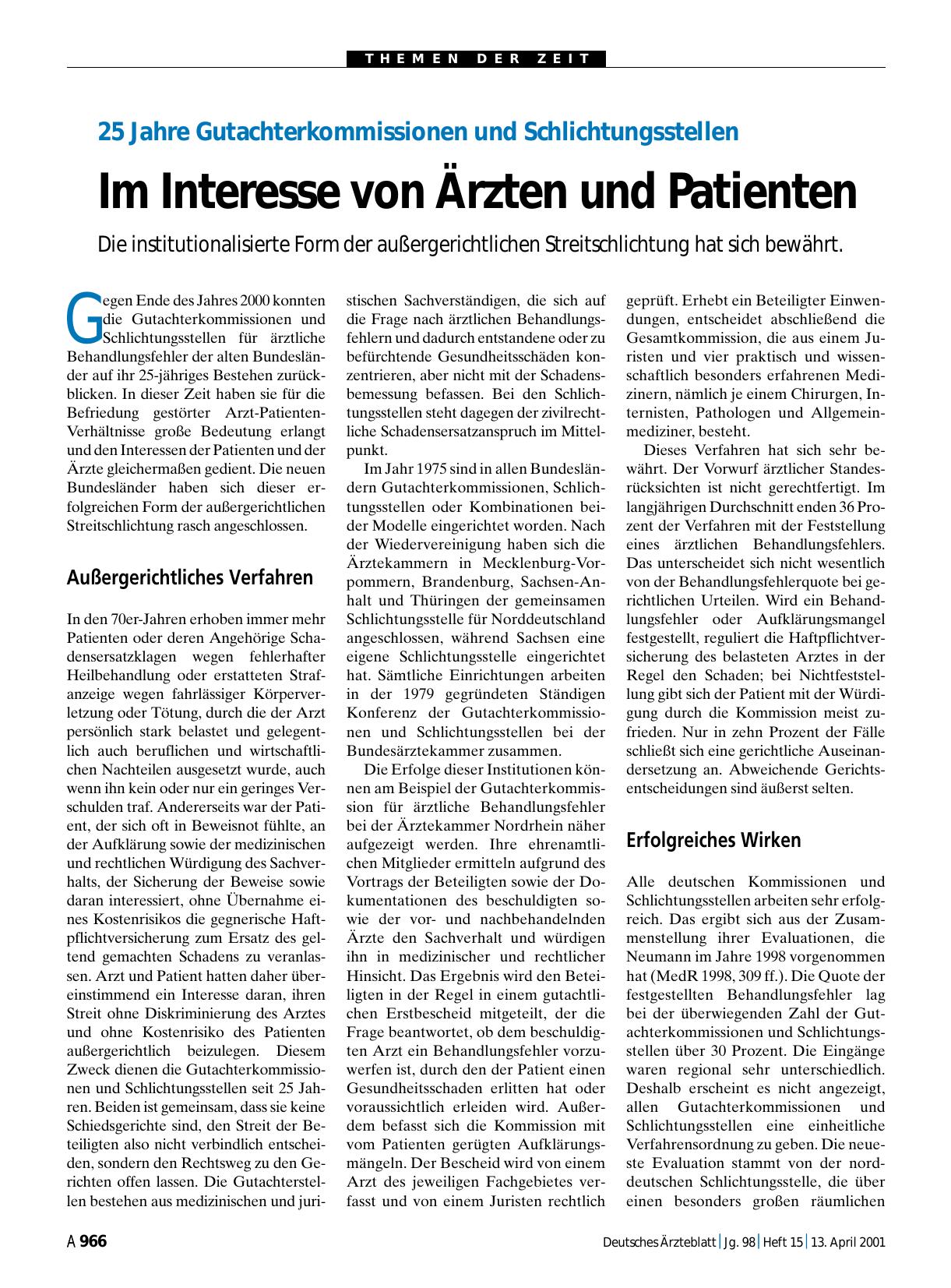Vorschauseite 1: 25 Jahre Gutachterkommissionen und Schlichtungsstellen: Im Interesse von Ärzten und Patienten