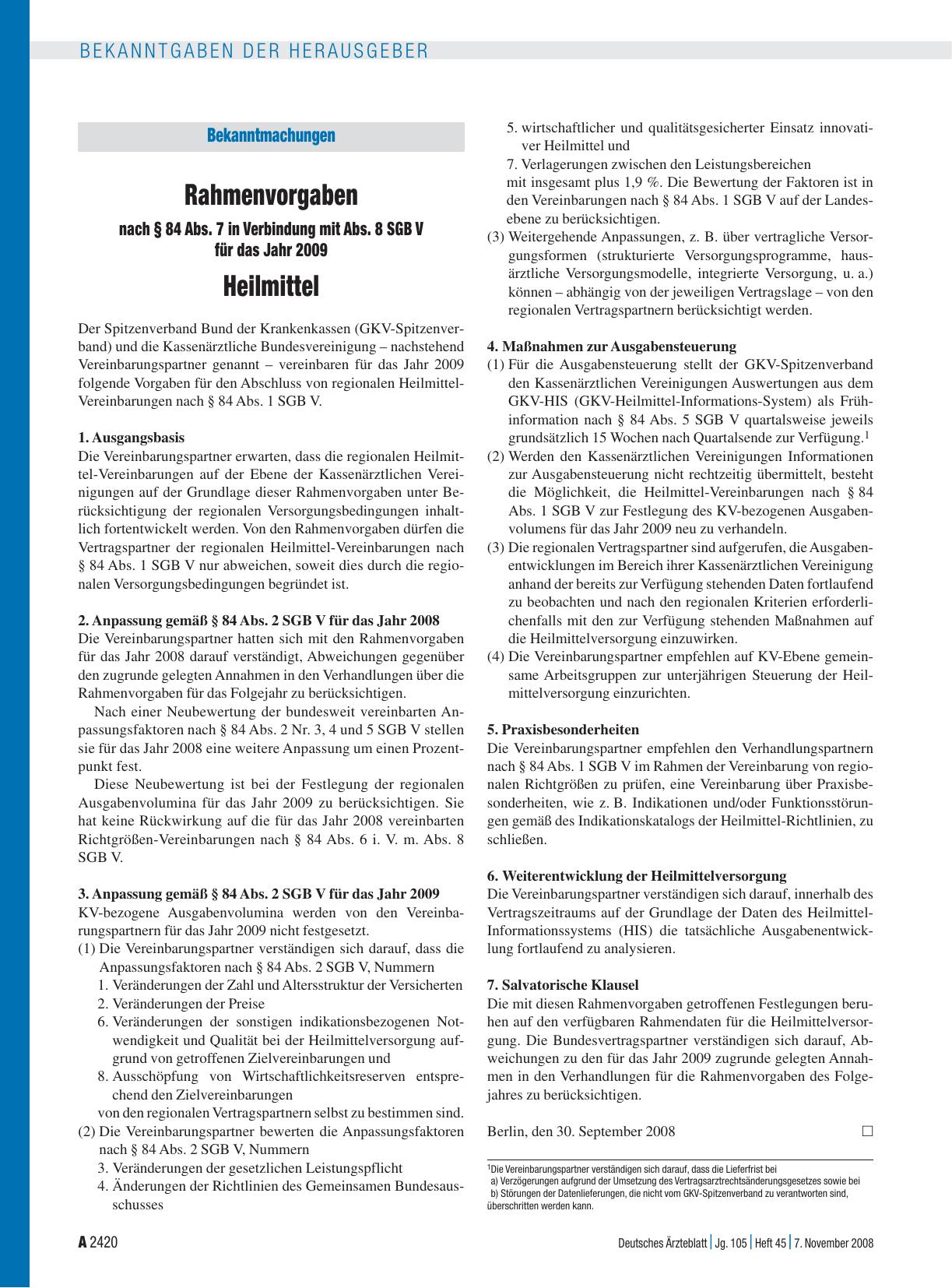Vorschauseite 1: Bekanntmachungen: Rahmenvorgaben nach § 84 Abs. 7 in Verbindung mit Abs. 8 SGB V für das Jahr 2009 – Heilmittel