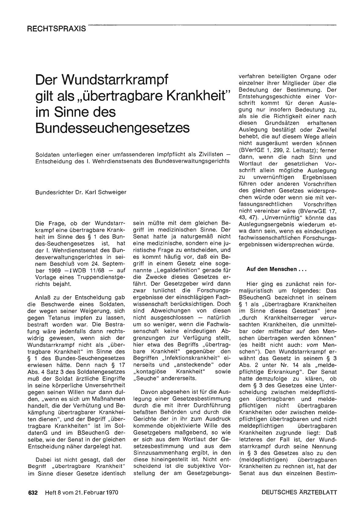 Vorschauseite 1: Der Wundstarrkrampf gilt als „übertragbare Krankheit" im Sinne des Bundesseuchengesetzes