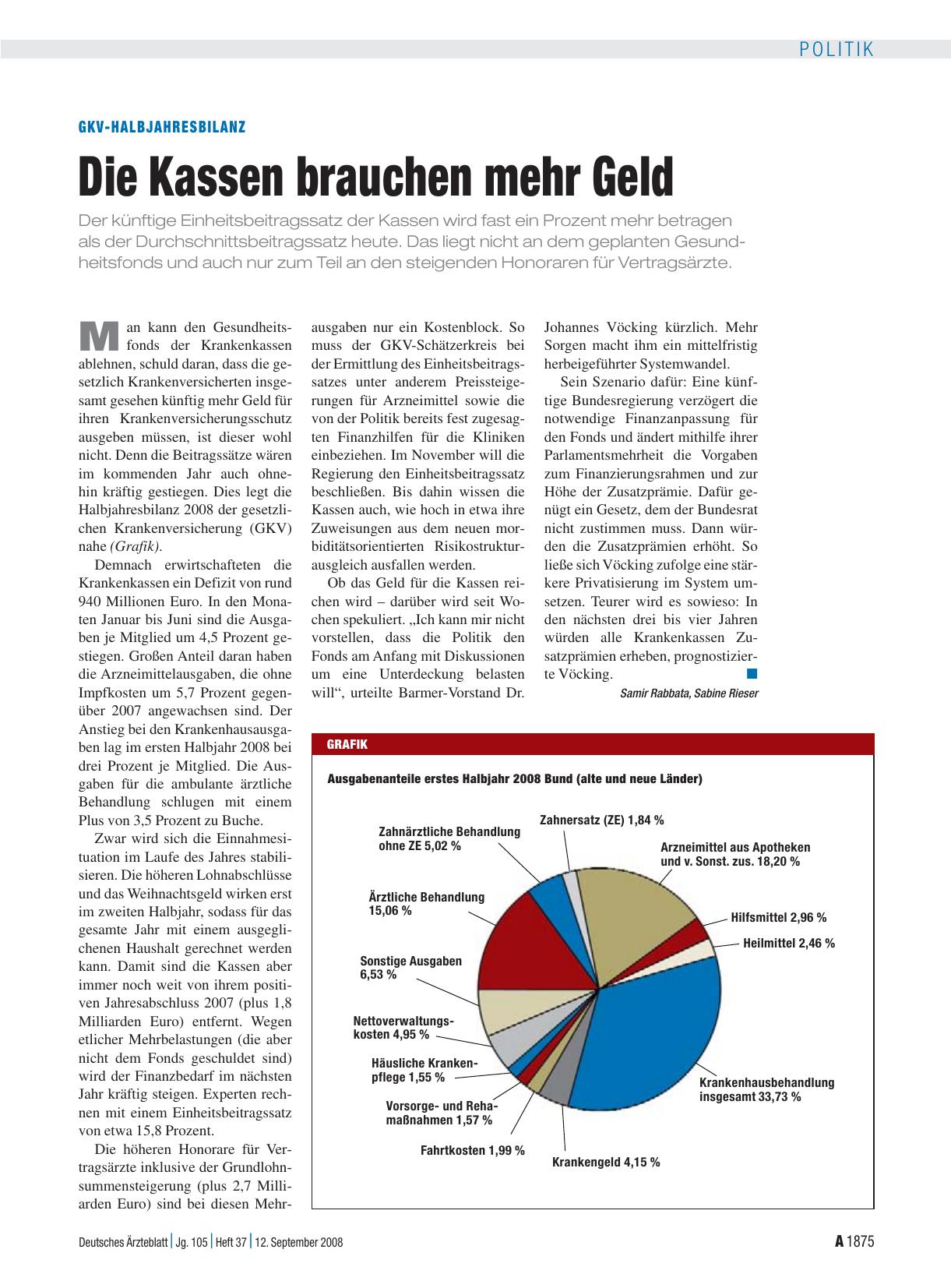 Vorschauseite 1: GKV-Halbjahresbilanz: Die Kassen brauchen mehr Geld