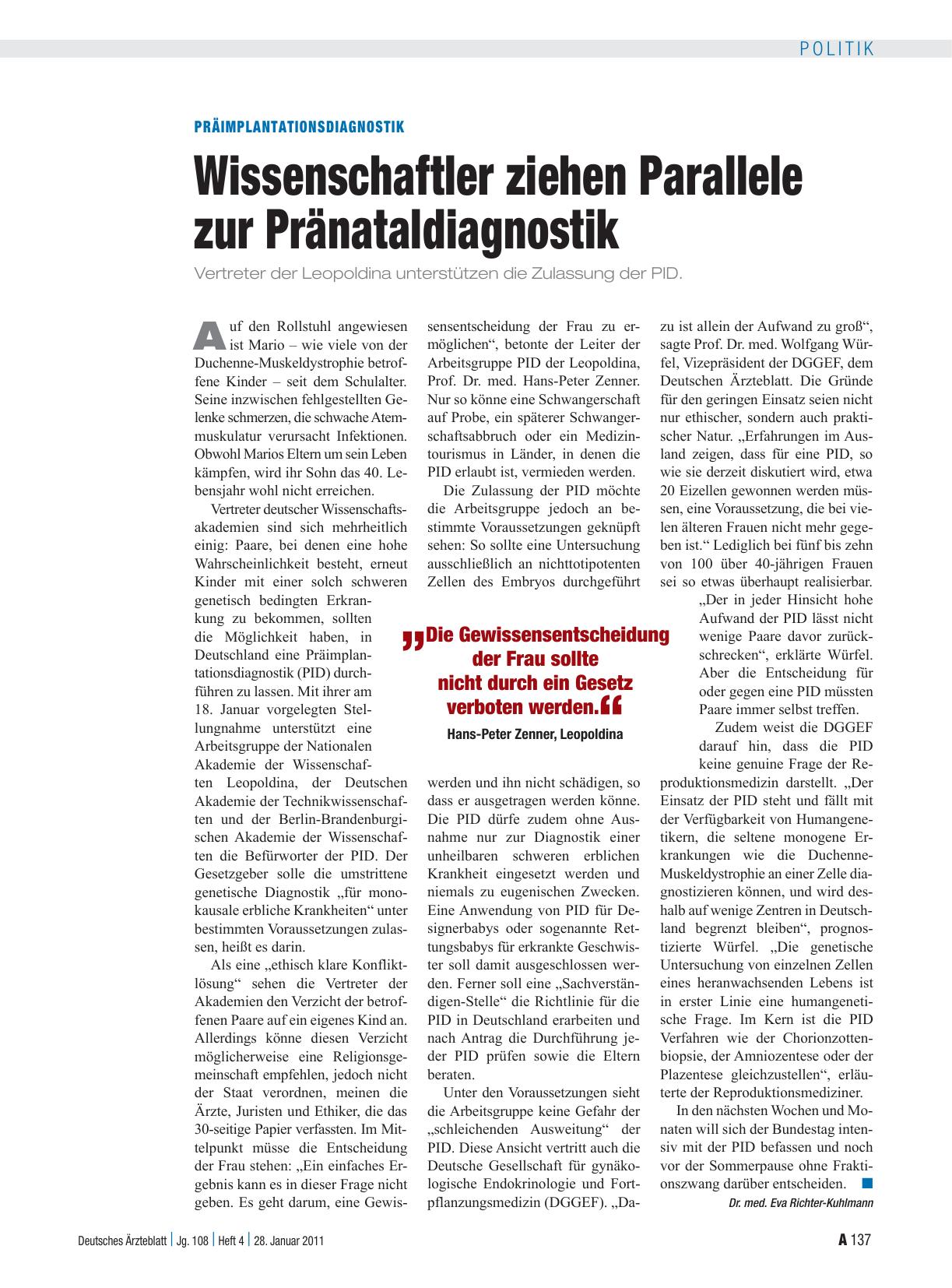 Vorschauseite 1: Präimplantationsdiagnostik: Wissenschaftler ziehen Parallele zur Pränataldiagnostik