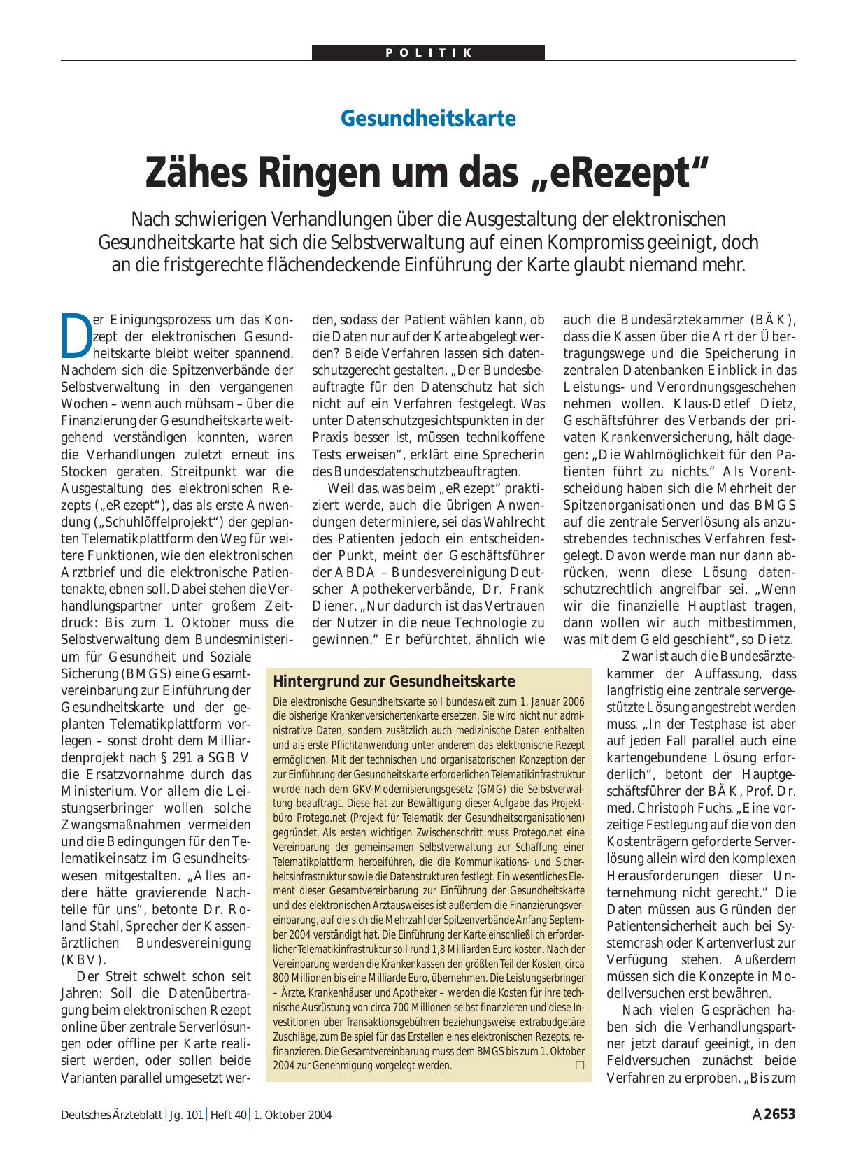 Vorschauseite 1: Gesundheitskarte: Zähes Ringen um das „eRezept“