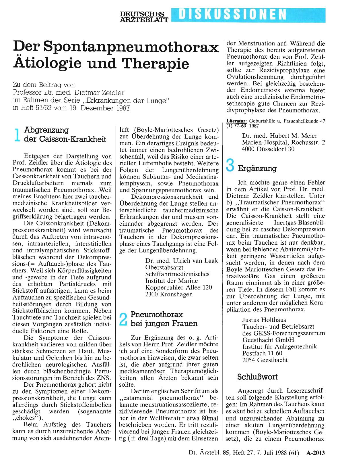 Vorschauseite 1: Der Spontanpneumothorax Ätiologie und Therapie: Schlußwort
