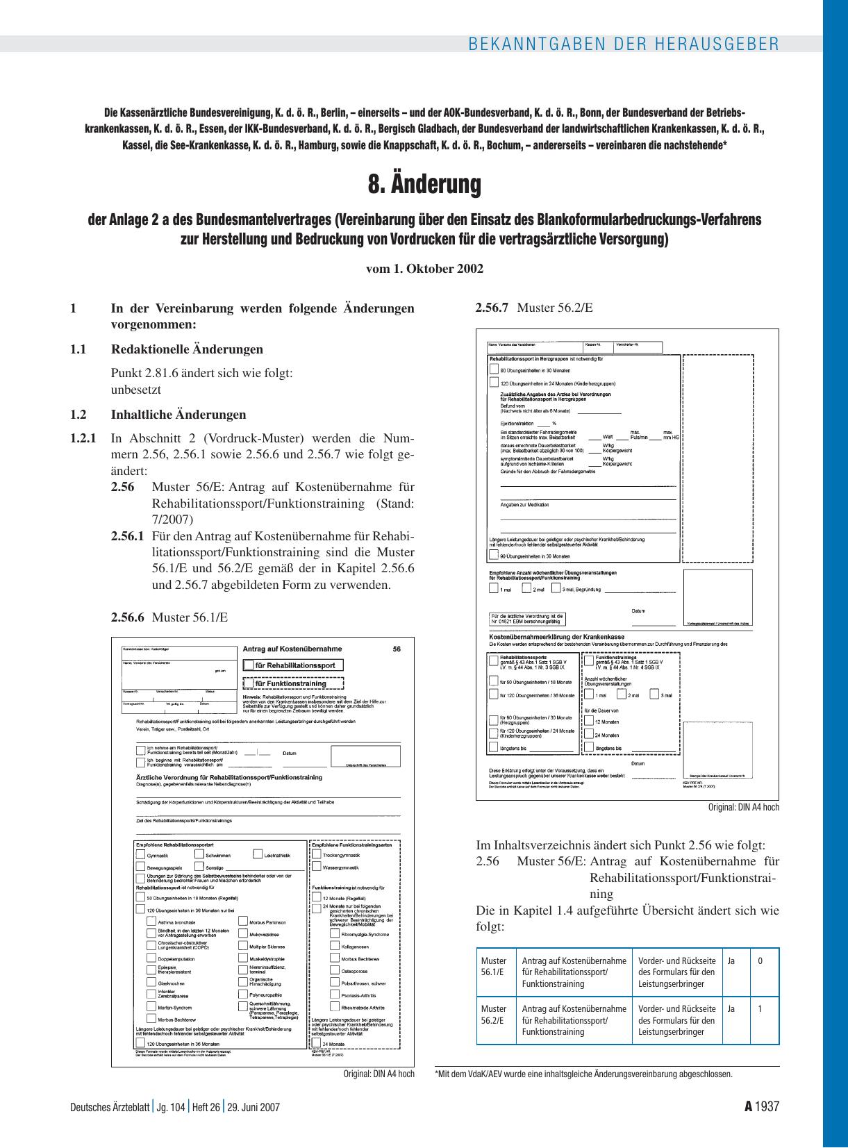Vorschauseite 1: 8. Änderung der Anlage 2 a des Bundesmantelvertrages (Vereinbarung über den Einsatz des Blankoformularbedruckungs-Verfahrens zur Herstellung und Bedruckung von Vordrucken für die…