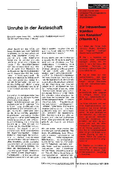 Vorschauseite 1: Bekanntgabe der Arzneimittelkommission der deutschen Ärzteschaft: Zur intravenösen Injektion von Konakion (Vitamin K1)