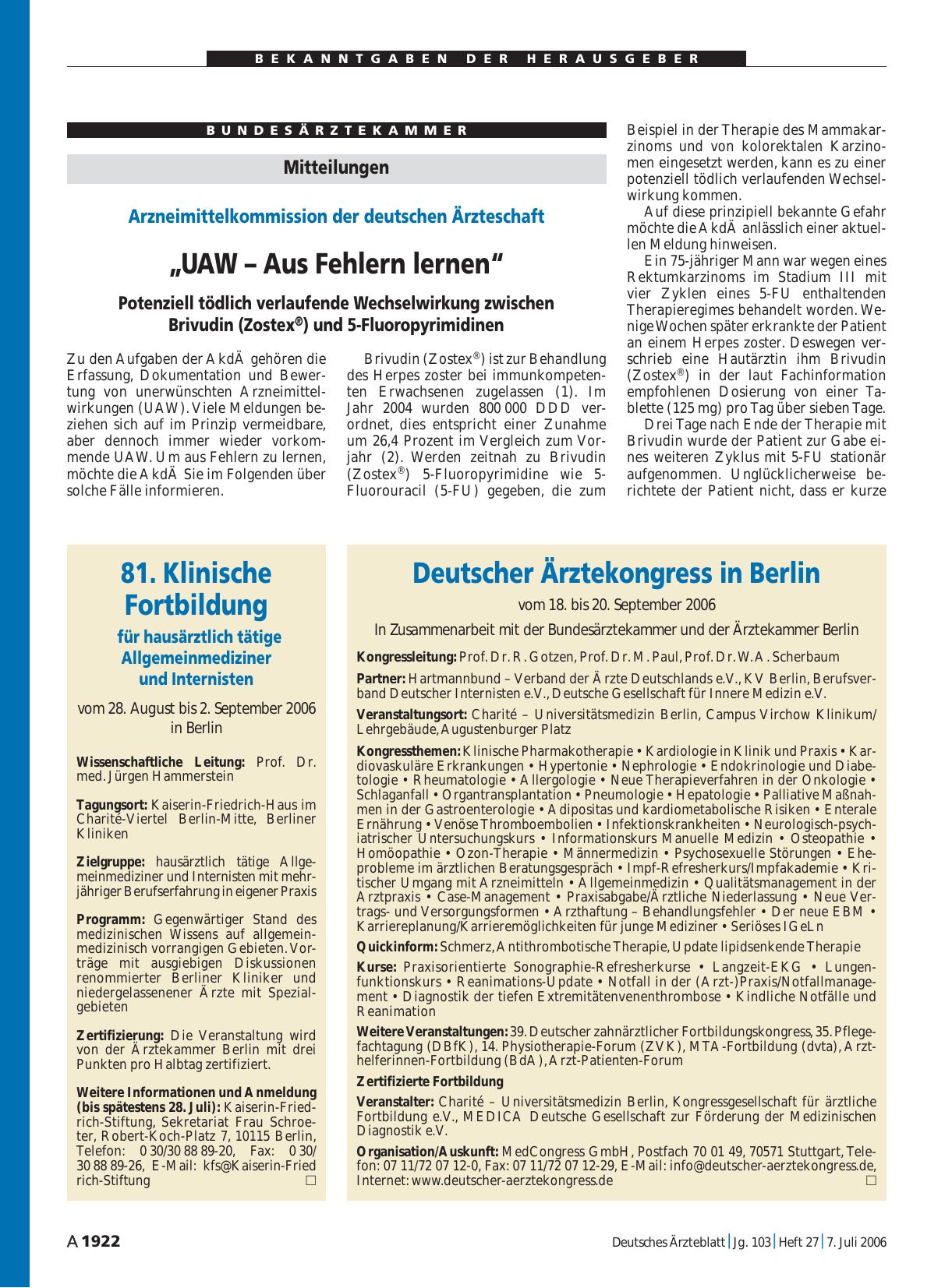 Vorschauseite 1: Deutscher Ärztekongress in Berlin vom 18. bis 20. September 2006