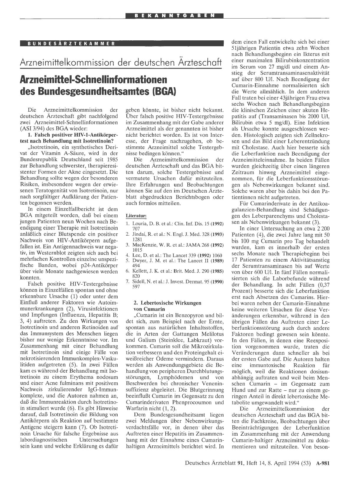 Vorschauseite 1: Arzneimittel-Schnellinformationen des Bundesgesundheitsamtes (BGA)