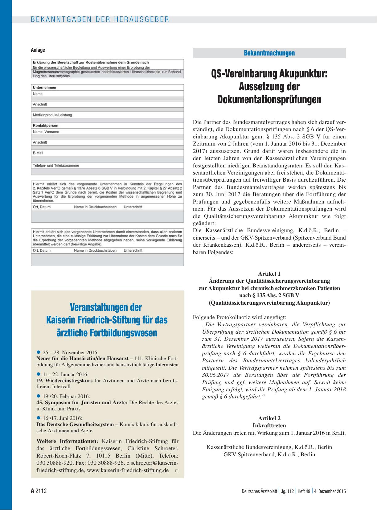 Vorschauseite 1: QS-Vereinbarung Akupunktur: Aussetzung der Dokumentationsprüfungen
