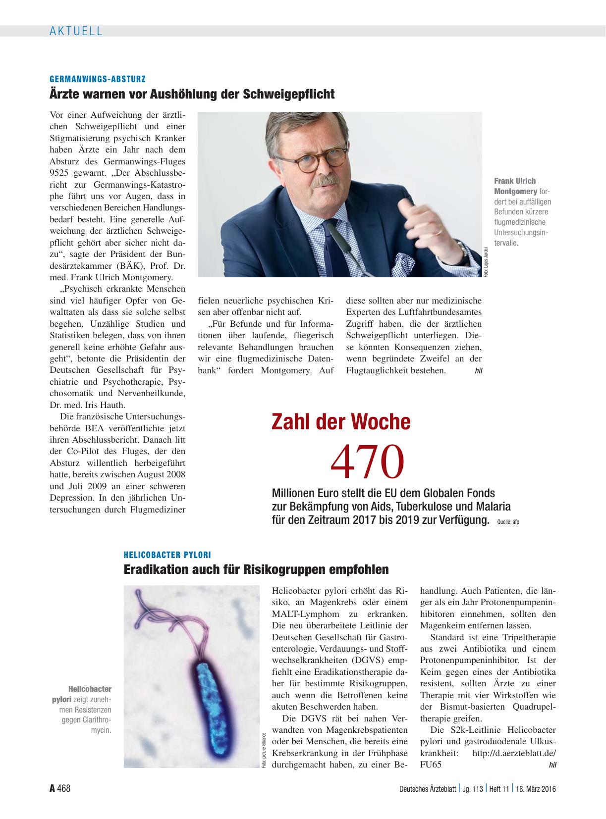 Vorschauseite 1: Germanwings-Absturz: Ärzte warnen vor Aushöhlung der Schweigepflicht