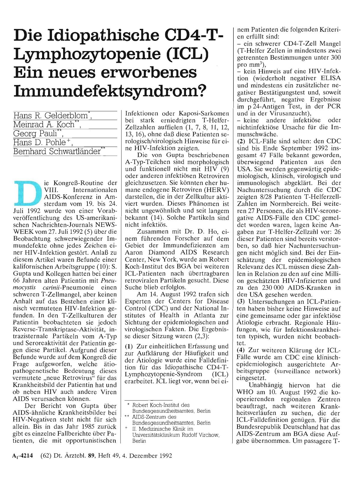 Vorschauseite 1: Die Idiopathische CD4-TLymphozytopenie (ICL) Ein neues erworbenes Immundefektsyndrom?