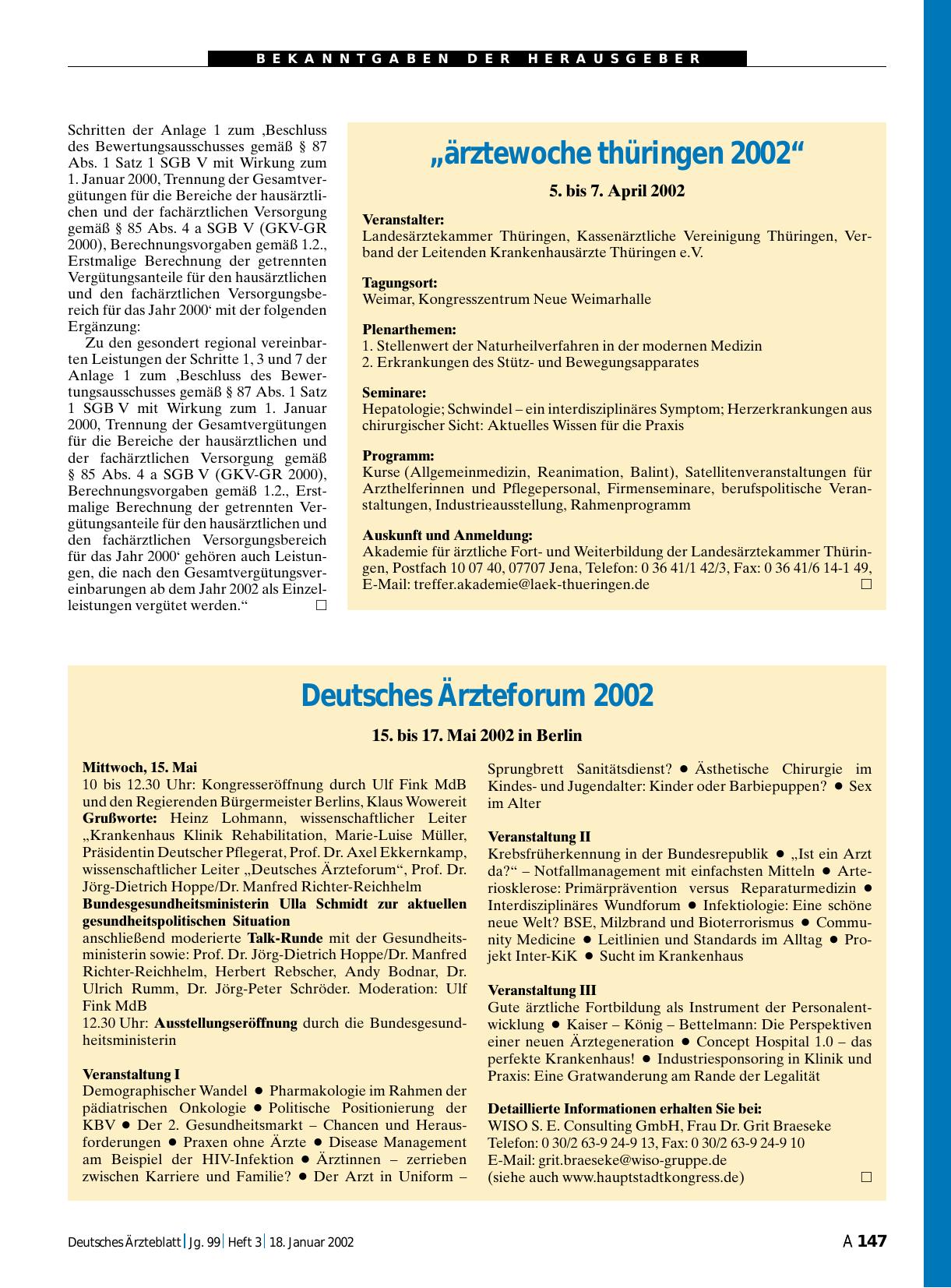 Vorschauseite 1: Deutsches Ärzteforum 2002: 15. bis 17. Mai 2002 in Berlin