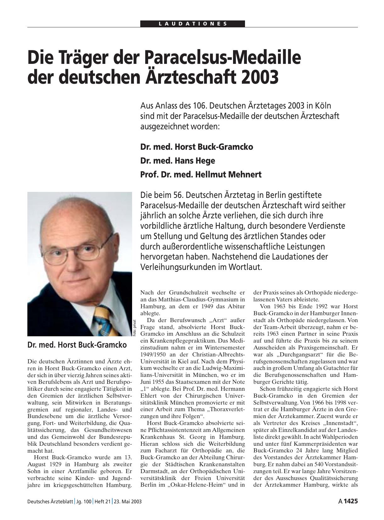 Vorschauseite 1: Die Träger der Paracelsus-Medaille der deutschen Ärzteschaft 2003