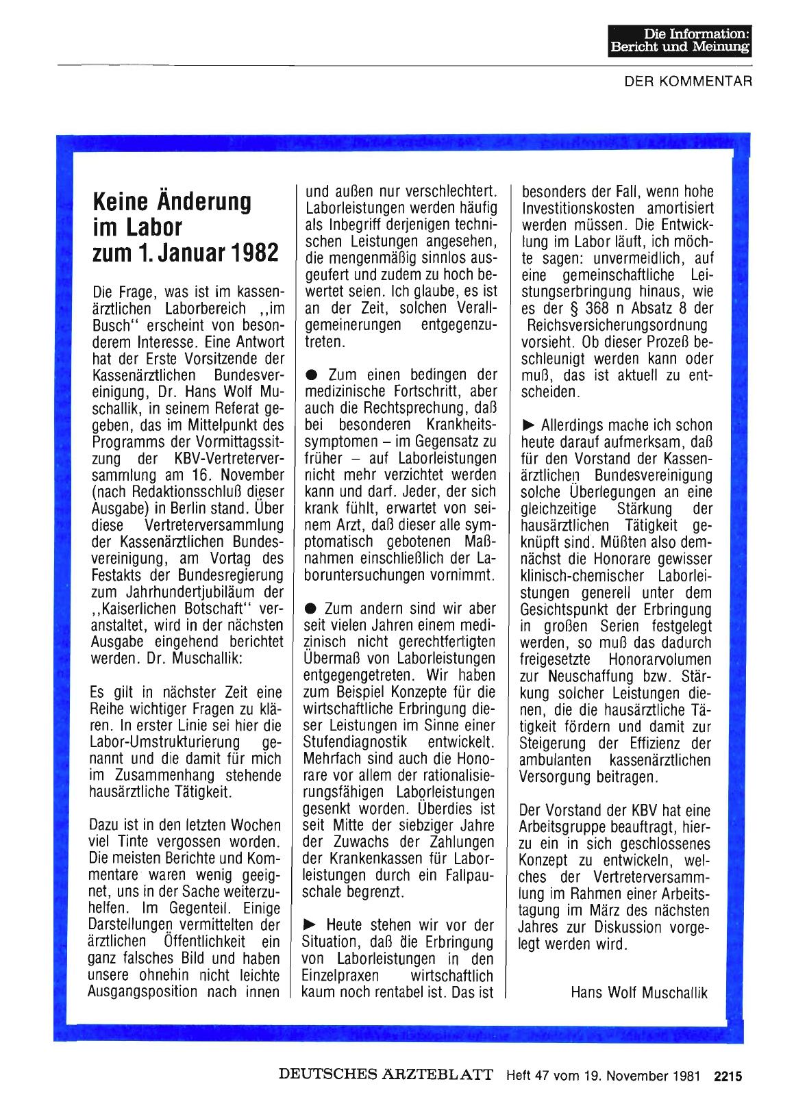 Vorschauseite 1: Keine Änderung im Labor zum 1. Januar 1982