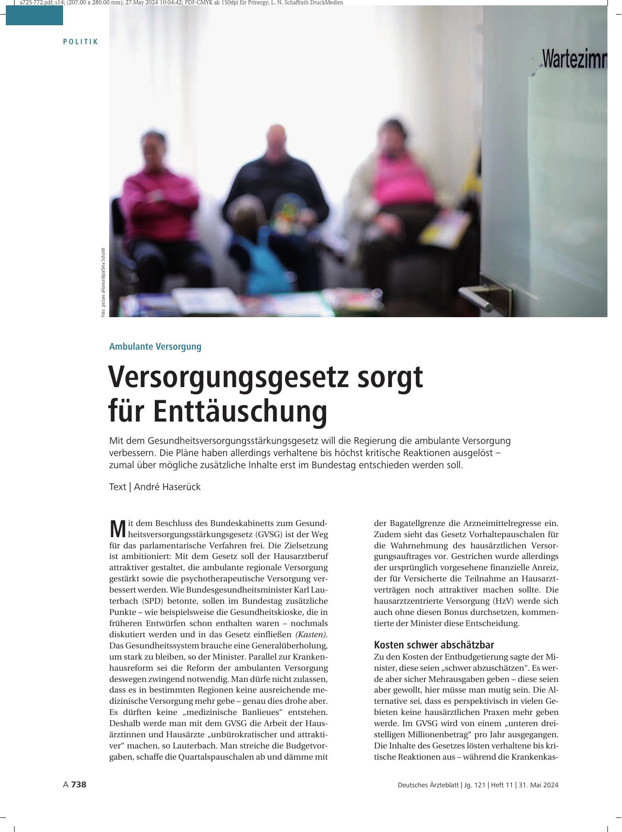 Vorschauseite 1: Ambulante Versorgung: Versorgungsgesetz sorgt für Enttäuschung