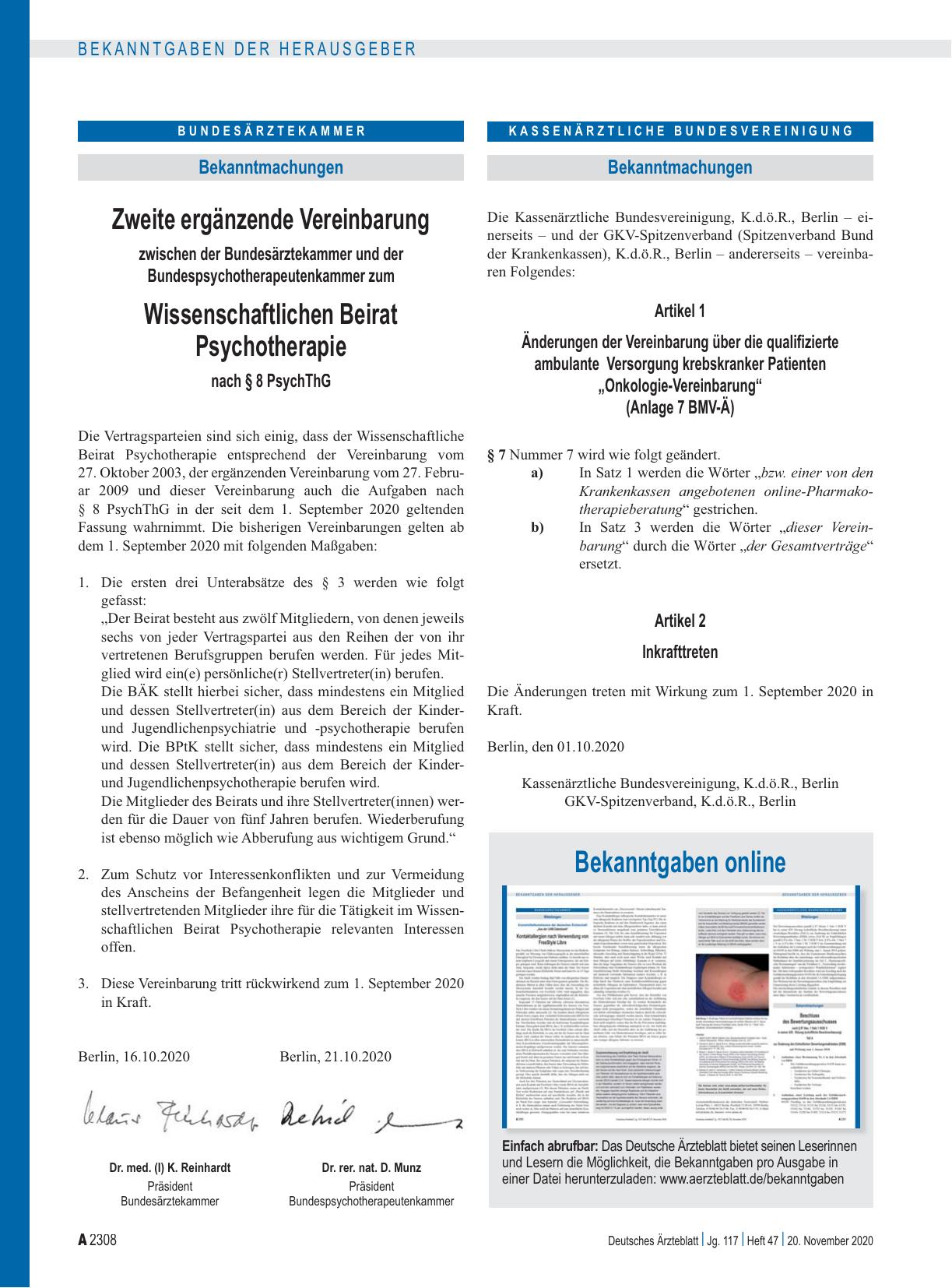 Vorschauseite 1: Zweite ergänzende Vereinbarung zwischen der Bundesärztekammer und der Bundespsychotherapeutenkammer zum Wissenschaftlichen Beirat Psychotherapie nach § 8 PsychThG