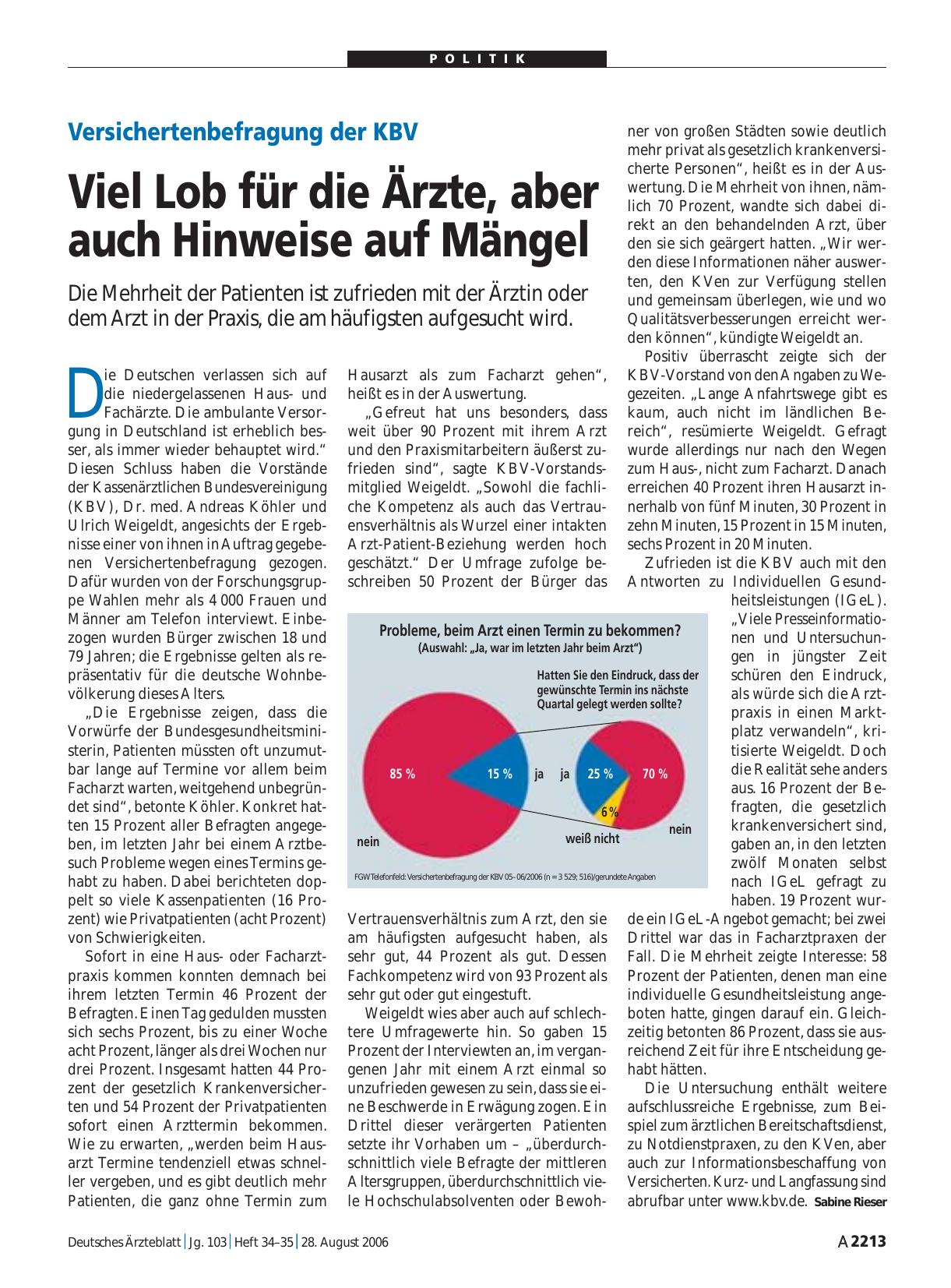 Vorschauseite 1: Versichertenbefragung der KBV: Viel Lob für die Ärzte, aber auch Hinweise auf Mängel