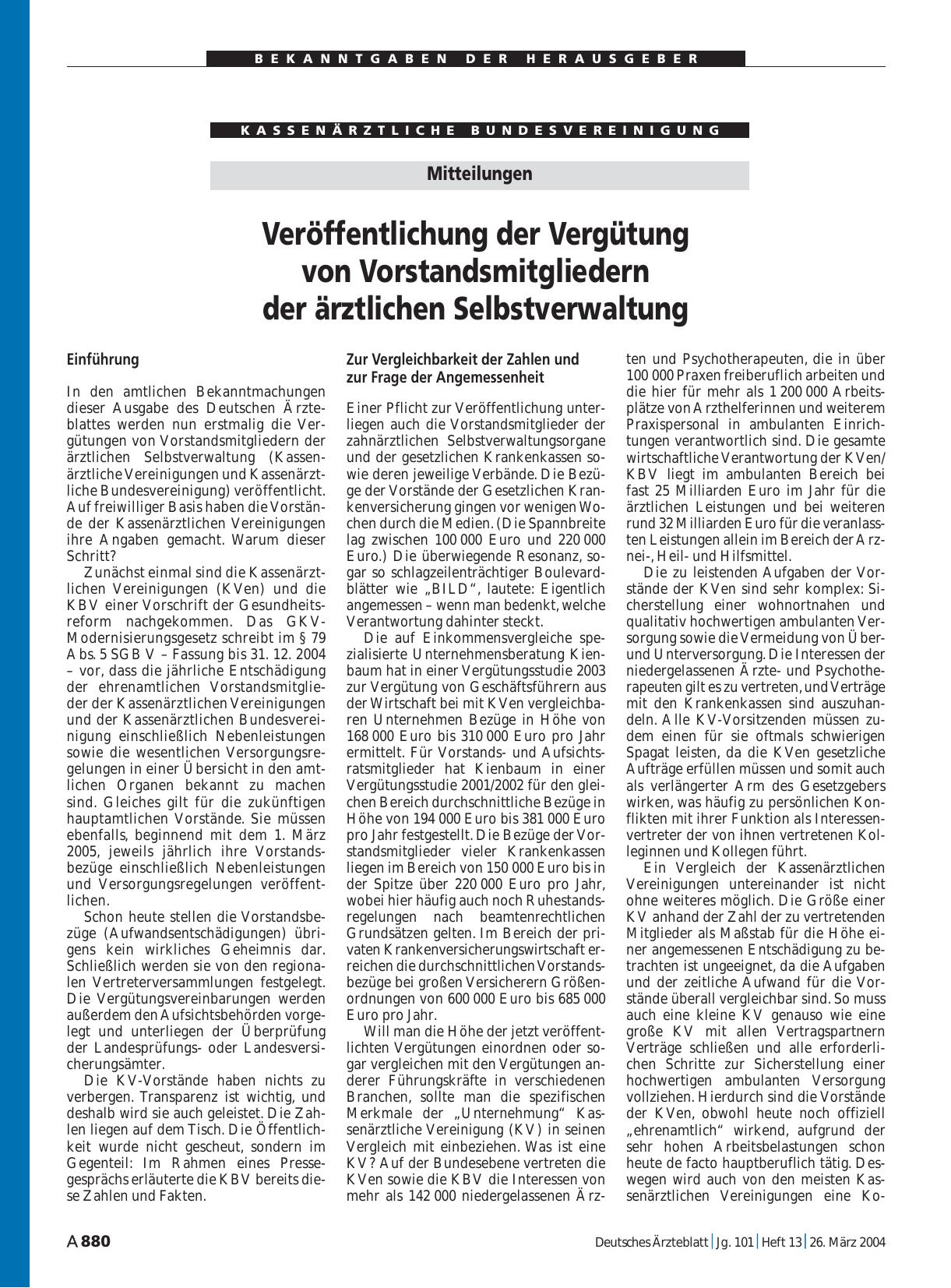 Vorschauseite 1: Mitteilungen: Veröffentlichung der Vergütung von Vorstandsmitgliedern der ärztlichen Selbstverwaltung