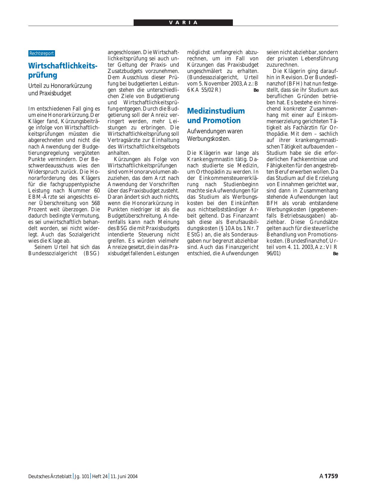 Vorschauseite 1: Medizinstudium und Promotion: Aufwendungen waren Werbungskosten
