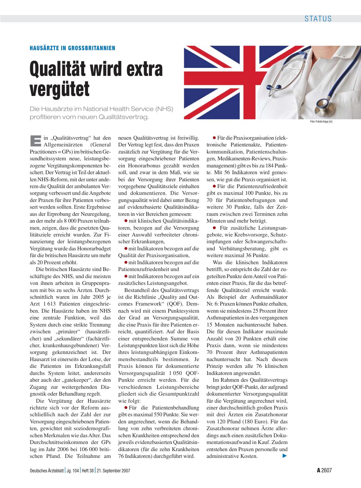 Vorschauseite 1: Hausärzte in Grossbritannien: Qualität wird extra vergütet