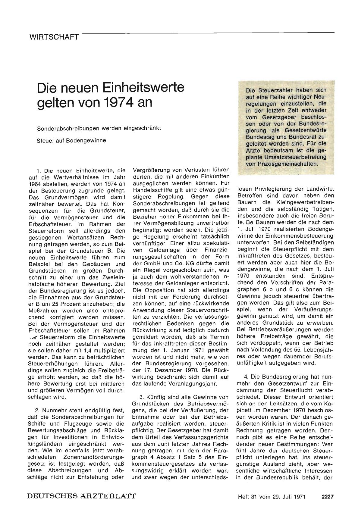 Vorschauseite 1: Die neuen Einheitswerte gelten von 1974 an