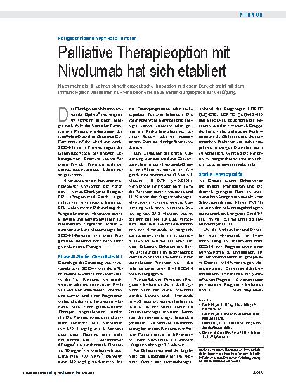Vorschauseite 1: Fortgeschrittene Kopf-Hals-Tumoren: Palliative Therapieoption mit Nivolumab hat sich etabliert