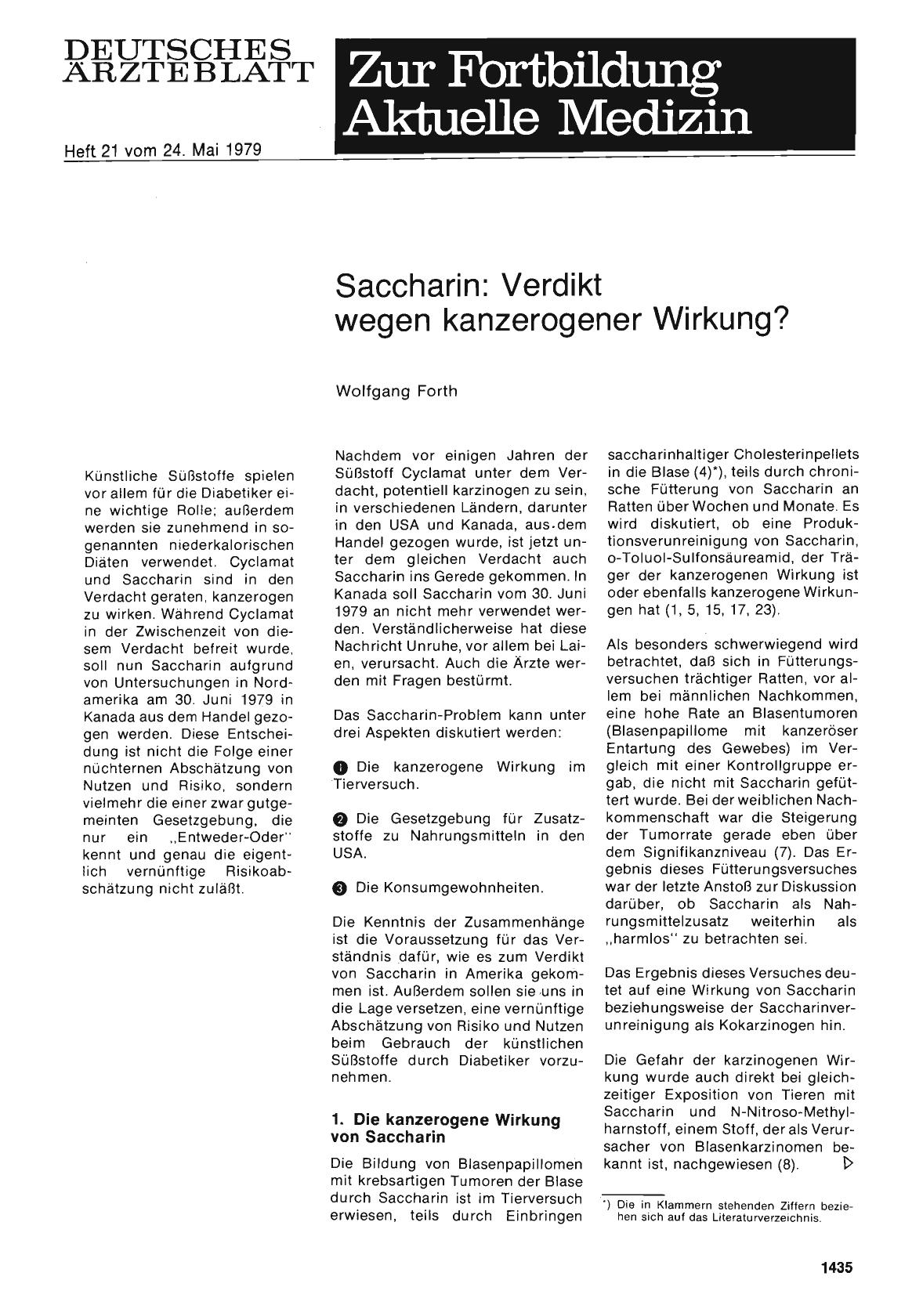 Vorschauseite 1: Saccharin: Verdikt wegen kanzerogener Wirkung?