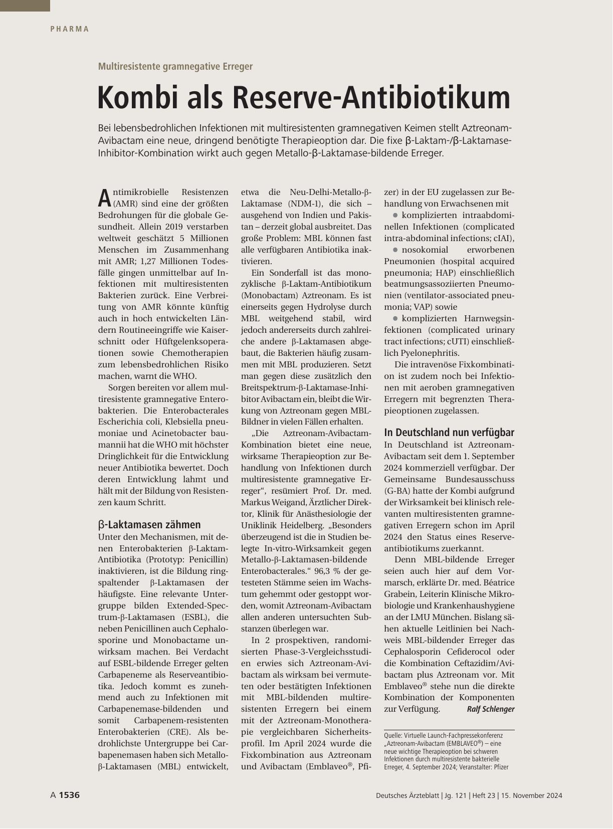 Vorschauseite 1: Multiresistente gramnegative Erreger: Kombi als Reserveantibiotikum