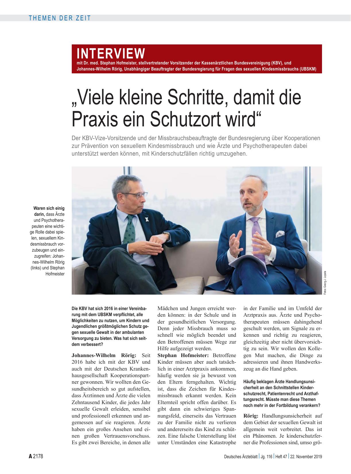 Vorschauseite 1: Das Interview mit Dr. med. Stephan Hofmeister, stellvertretender Vorsitzender der Kassenärztlichen Bundesvereinigung (KBV), und Johannes-Wilhelm Rörig, Unabhängiger Beauftragter d…