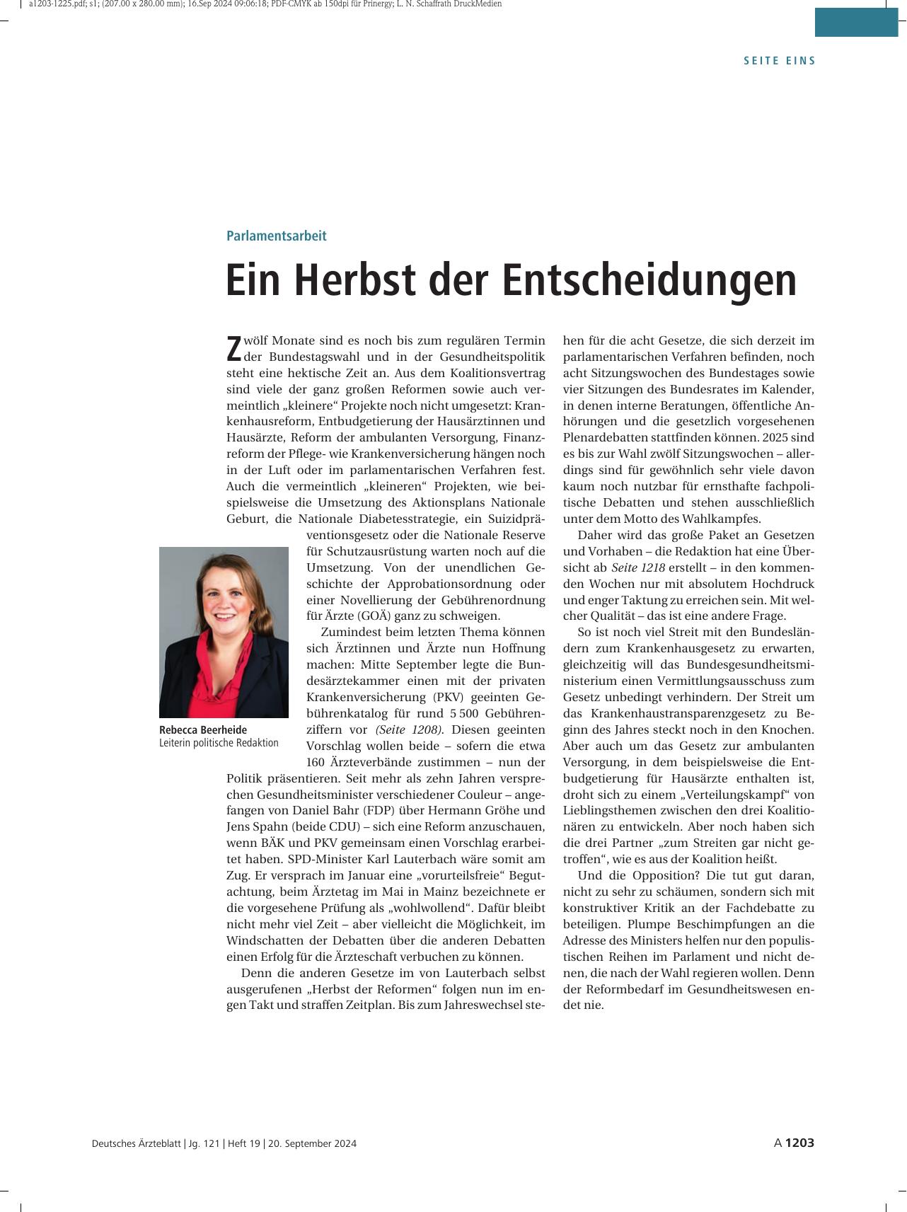 Vorschauseite 1: Parlamentsarbeit: Ein Herbst der Entscheidungen