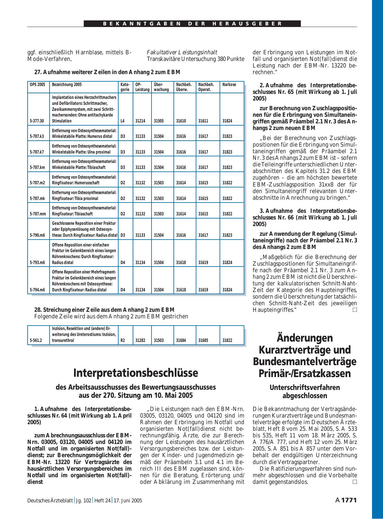 Vorschauseite 1: Interpretationsbeschlüsse des Arbeitsausschusses des Bewertungsausschusses aus der 270. Sitzung am 10. Mai 2005