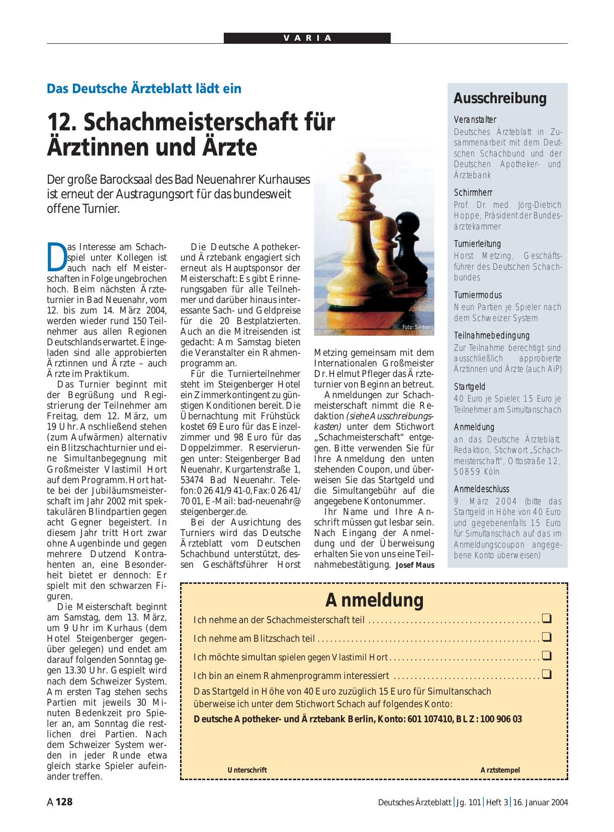 Vorschauseite 1: Das Deutsche Ärzteblatt lädt ein: 12. Schachmeisterschaft für Ärztinnen und Ärzte