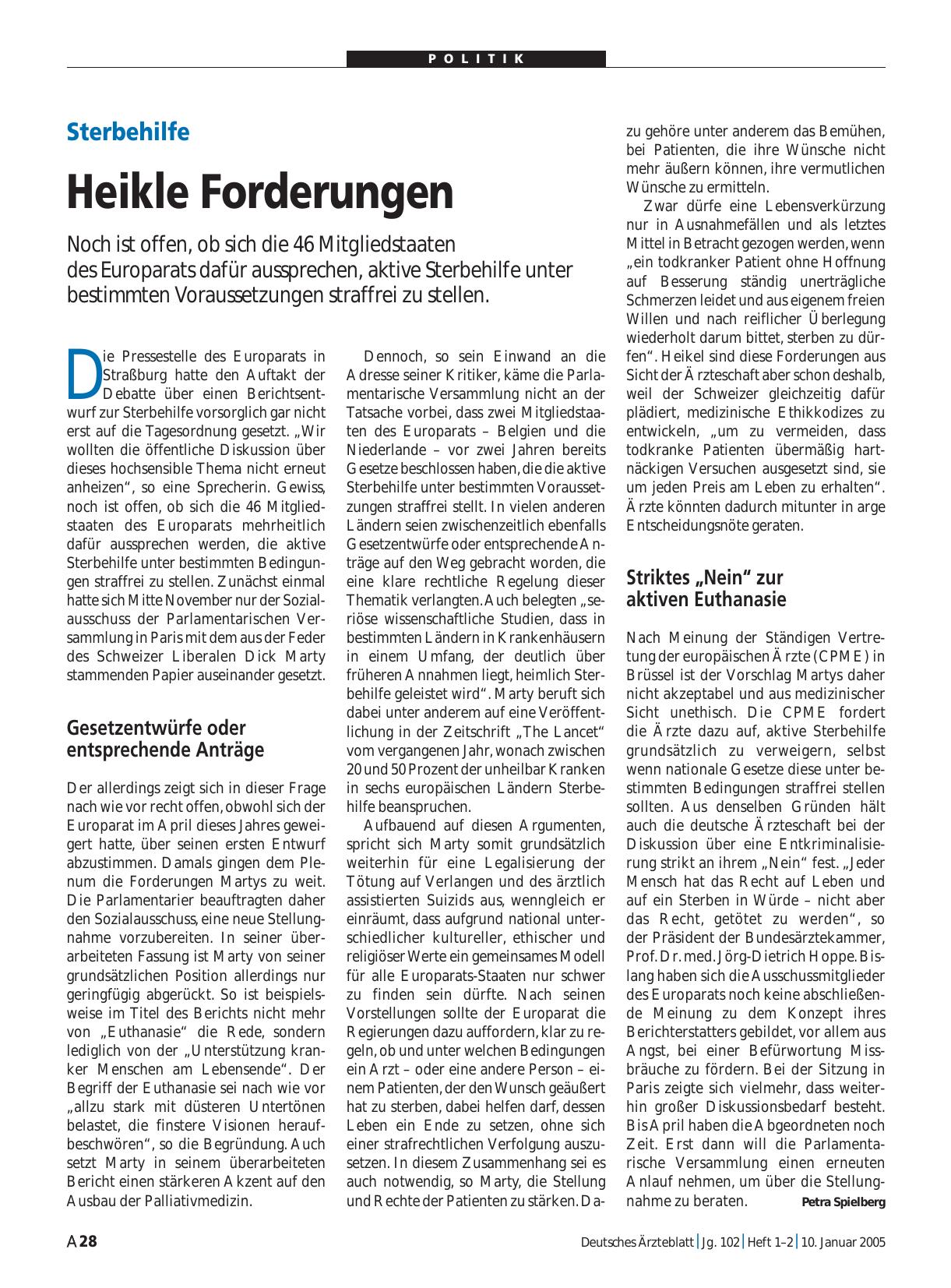 Vorschauseite 1: Sterbehilfe: Heikle Forderungen