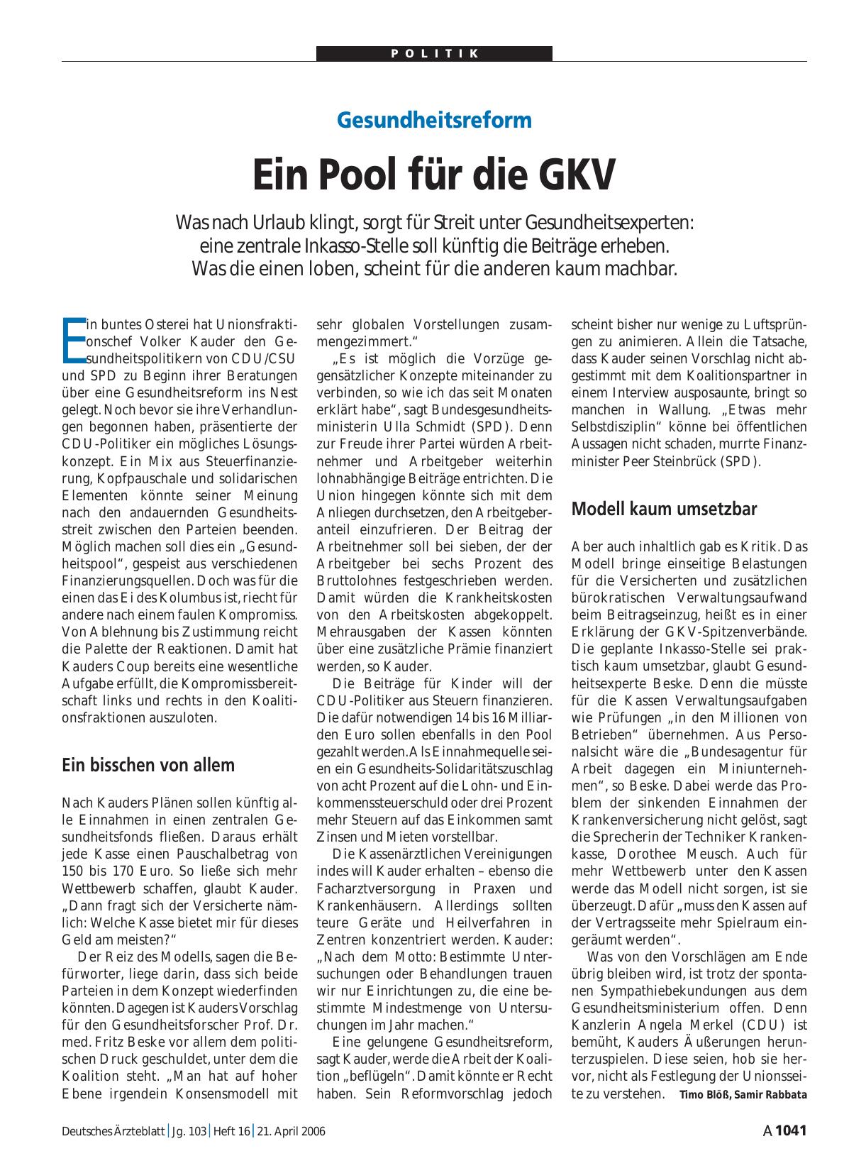 Vorschauseite 1: Gesundheitsreform: Ein Pool für die GKV