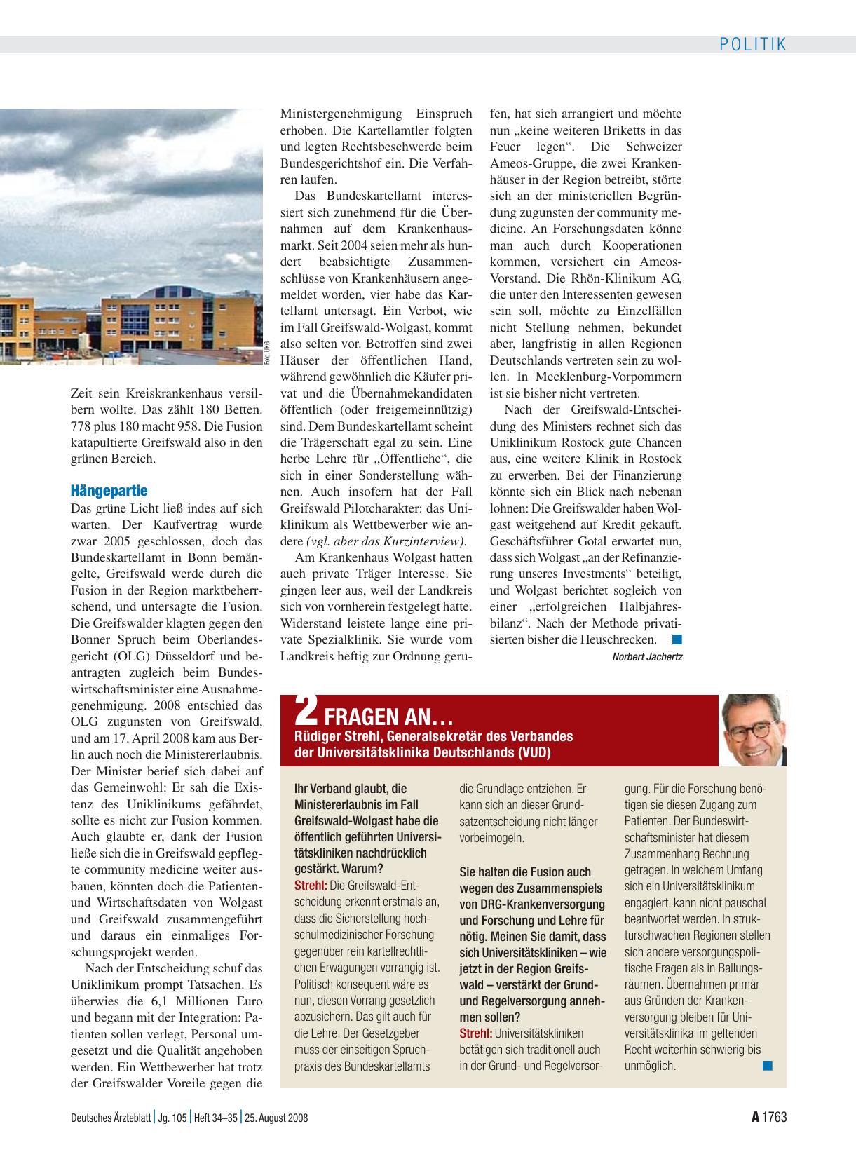 Vorschauseite 1: 2 Fragen an… Rüdiger Strehl, Generalsekretär des Verbandes der Universitätsklinika Deutschlands (VUD)
