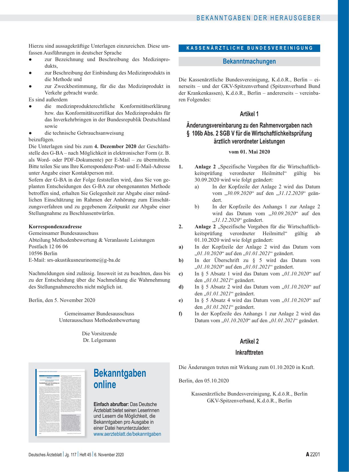 Vorschauseite 1: Änderungsvereinbarung zu den Rahmenvorgaben nach § 106b Abs. 2 SGB V für die Wirtschaftlichkeitsprüfung ärztlich verordneter Leistungen