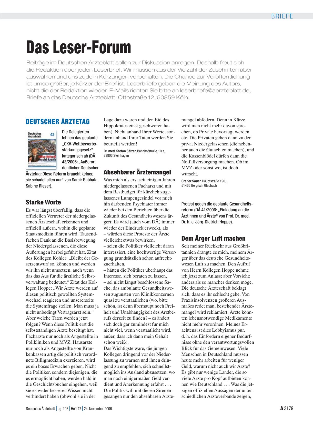 Vorschauseite 1: Deutscher Ärztetag: Absehbarer Ärztemangel