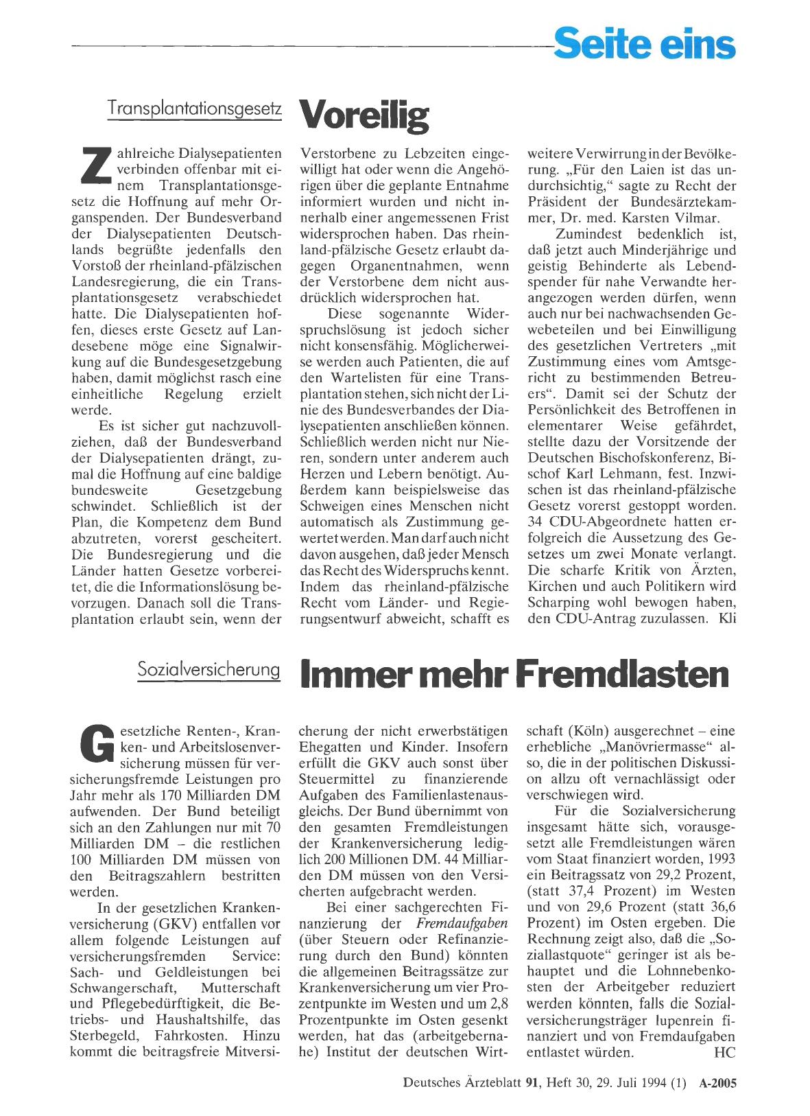Vorschauseite 1: Transplantationsgesetz: Voreilig