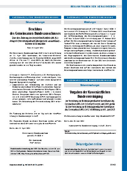 Vorschauseite 1: Vorgaben der Kassenärztlichen Bundesvereinigung zur Verordnung zur Molekulargenetischen Surveillance des Coronavirus SARS-CoV 2 (CorSurV) vom 9. Juni 2021