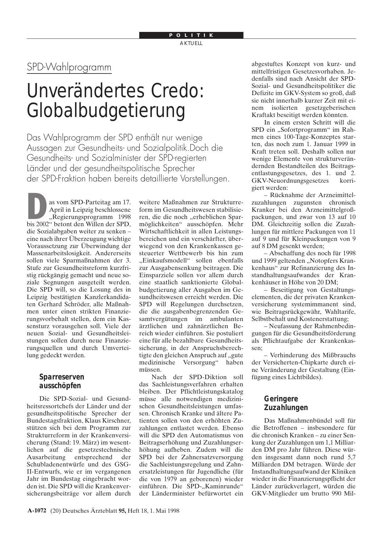 Vorschauseite 1: SPD-Wahlprogramm – Unverändertes Credo: Globalbudgetierung