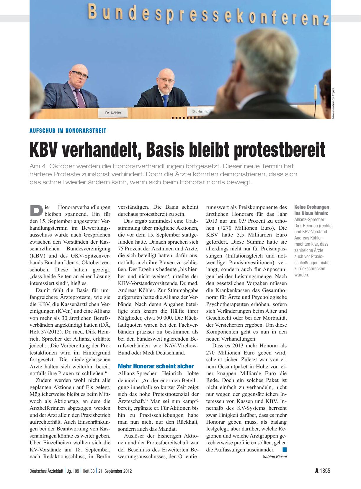 Vorschauseite 1: Aufschub im Honorarstreit: KBV verhandelt, Basis bleibt protestbereit