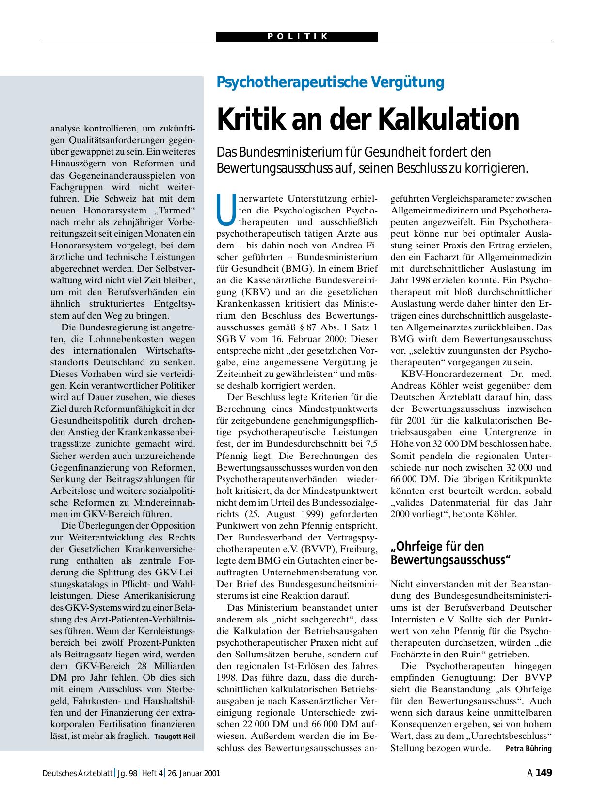 Vorschauseite 1: Psychotherapeutische Vergütung: Kritik an der Kalkulation