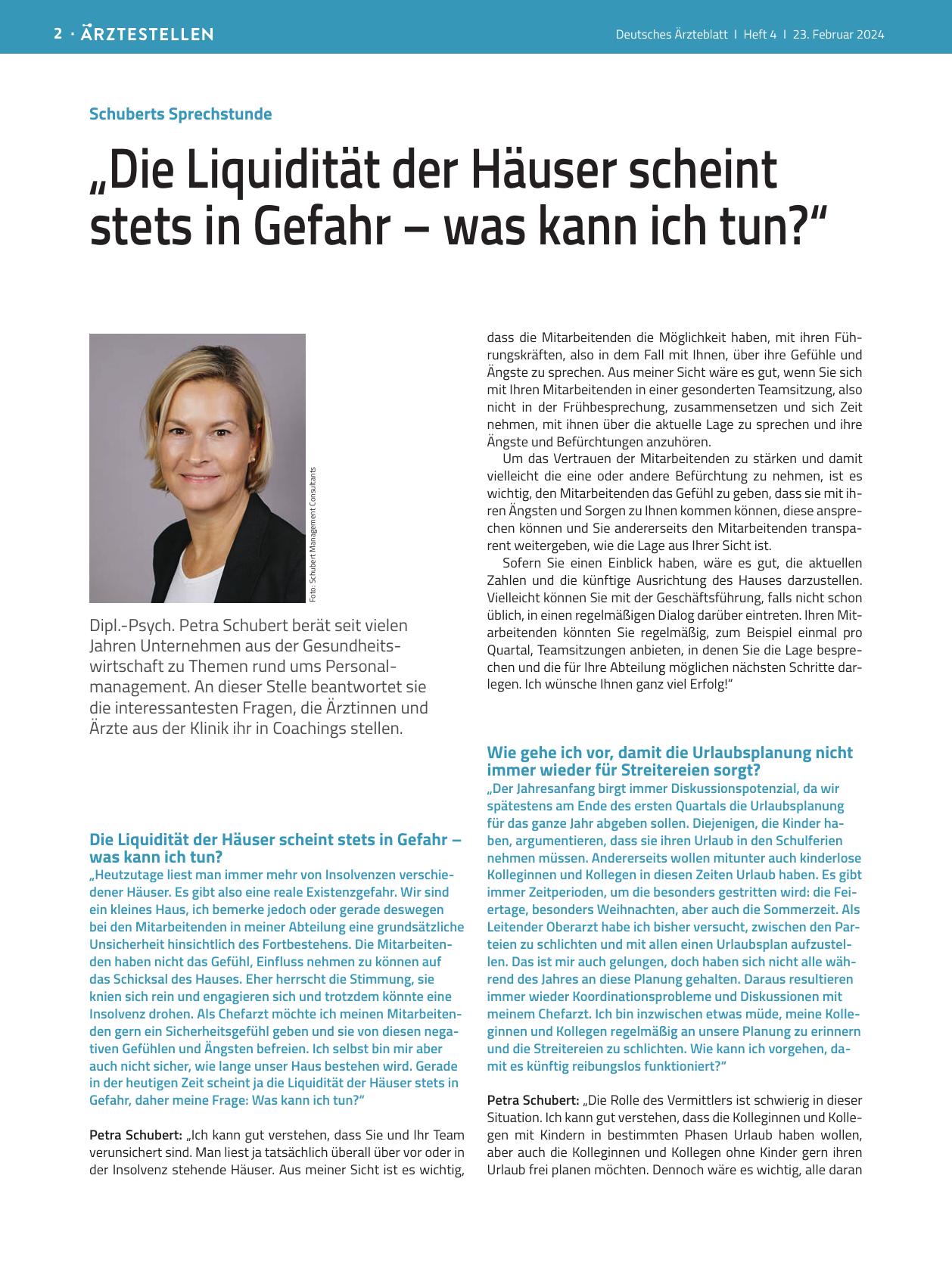 Vorschauseite 1: Schuberts Sprechstunde: „Die Liquidität der Häuser scheint stets in Gefahr – was kann ich tun? “