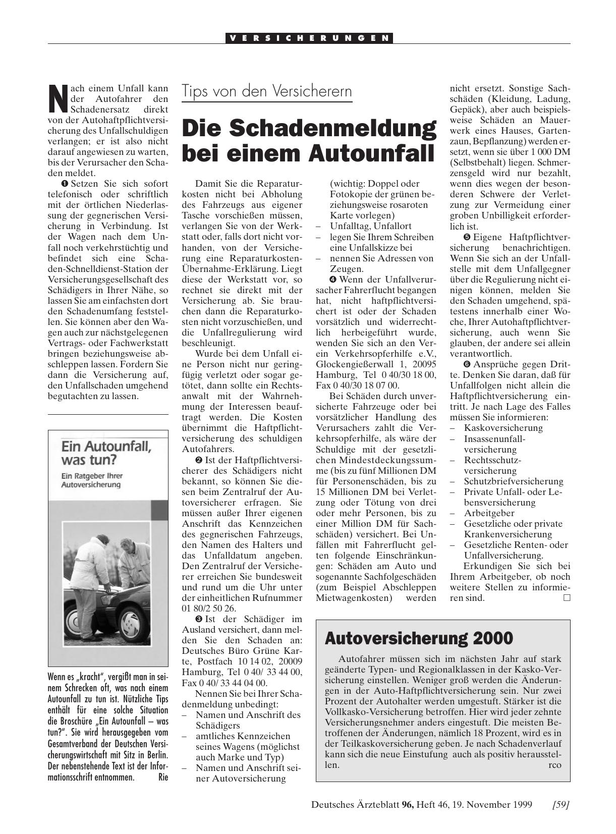Vorschauseite 1: Tips von den Versicherern: Die Schadenmeldung bei einem Autounfall