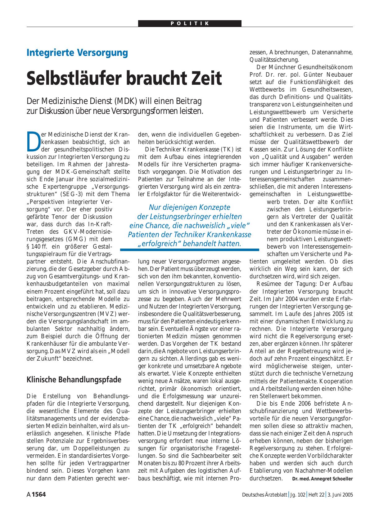 Vorschauseite 1: Integrierte Versorgung: Selbstläufer braucht Zeit